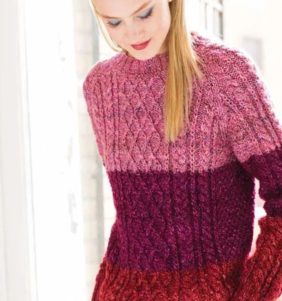 Free Knitting Pattern for a Colorblock Fisherman’s Sweater in Noro Silk Garden Solo