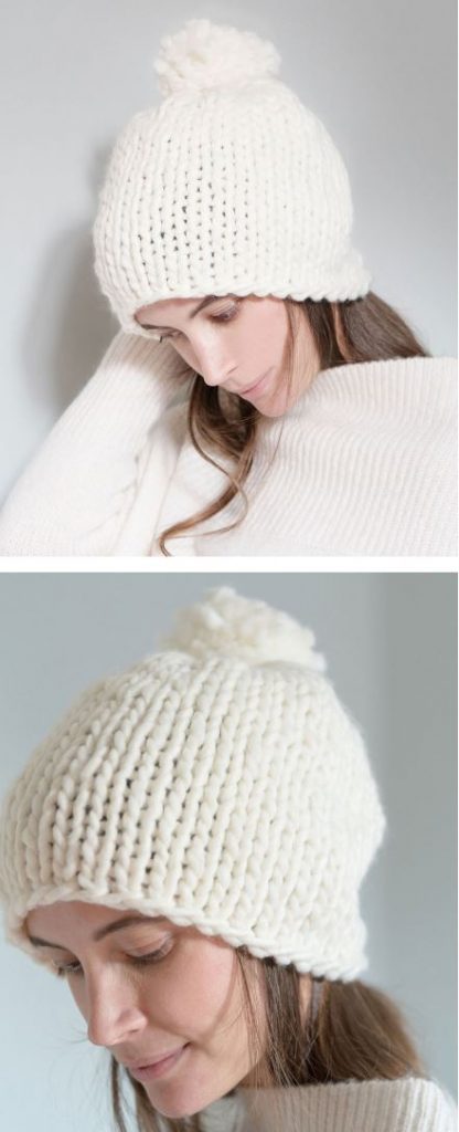 Free knitting pattern for bulky yarn hats. Super easy stockinette stitch hat in bulky yarn with pompom. This is a chunky knit hat pattern on straight needles making it perfect for beginners!