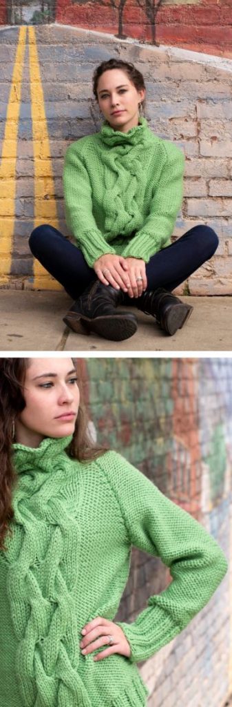 Free knitting pattern for a women's sweater with cables and cowl neck