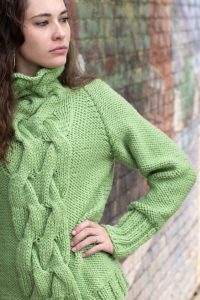 Free Knitting Pattern for a Cabled Raglan Cowl Neck Sweater for Women