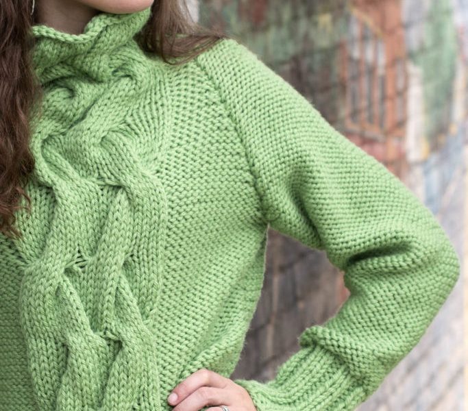 Free Knitting Pattern for a Cabled Raglan Cowl Neck Sweater for Women