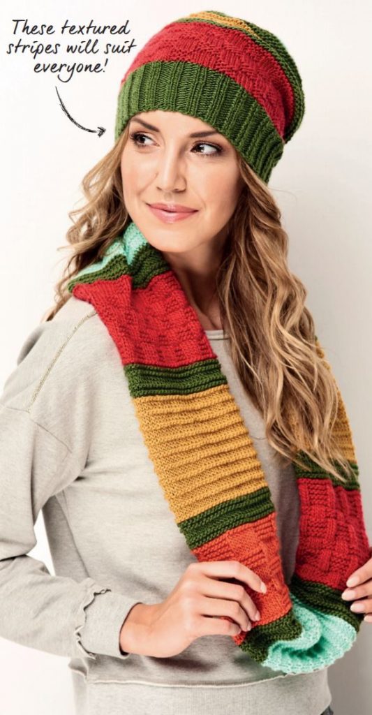 Free Knitting Pattern for a Stripe Hat, Gloves and Cowl