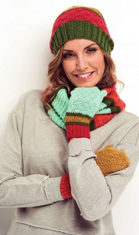 Free Knitting Pattern for a Stripe Hat, Gloves and Cowl