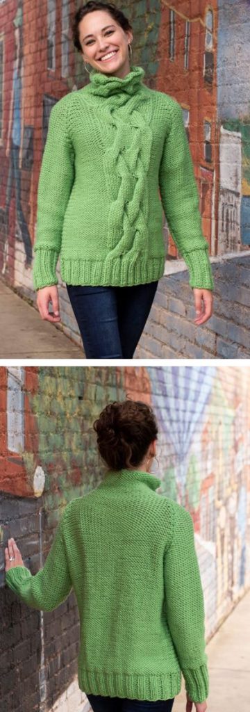 Free knitting pattern for a women's sweater with cables and cowl neck