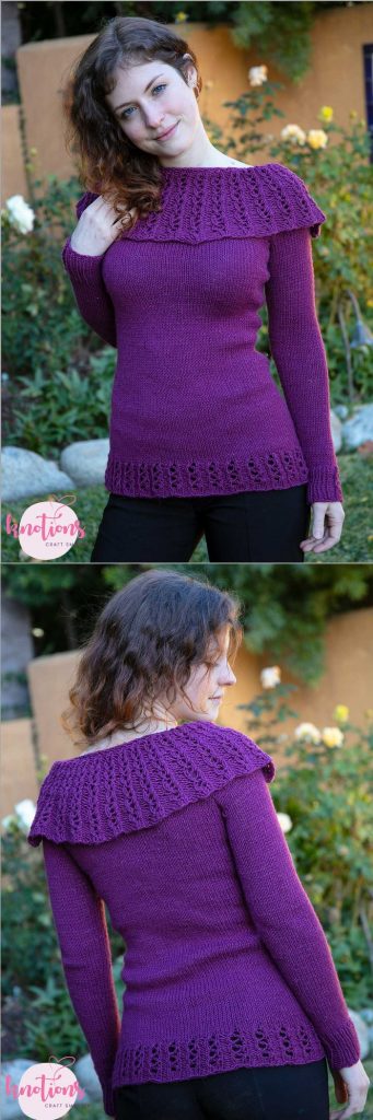 Free Knitting Pattern for a Ladies Pullover with lace fold-down collar and figure flattering bodice.