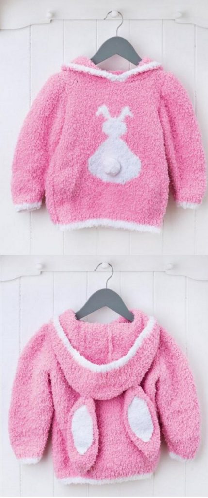 Free Knitting Pattern for a Fluffy Bunny Jumper for Kids with a Hood- Great for Easter
