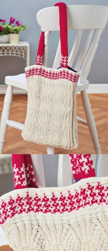 Free Knitting Pattern for a Mock Cable Eco Shopping Bag. Hounds-tooth colorwork edge and mock cable and textured knit and purl diamond body,