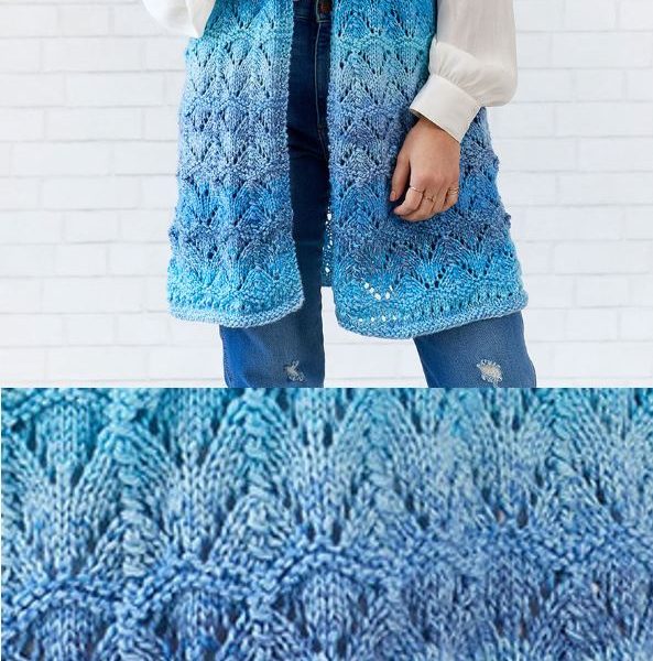 Free Knitting Pattern for a Long Ladies Vest with a Lace Pattern