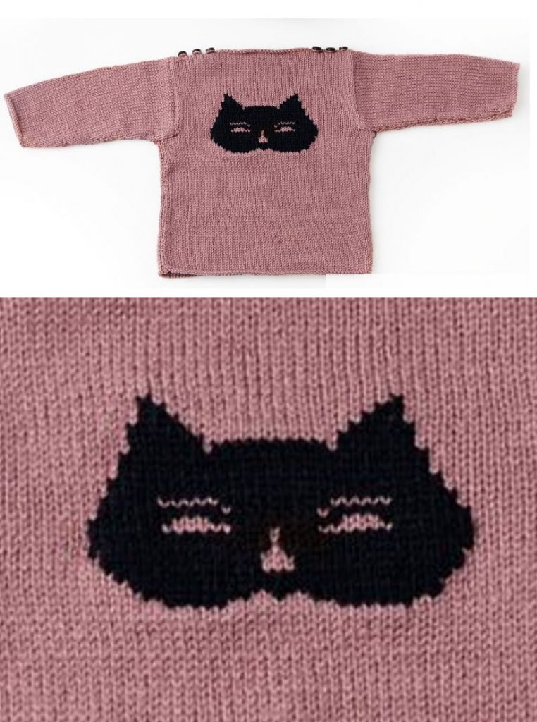 Free knitting pattern for a baby 3 to 12 months sweater with cat theme