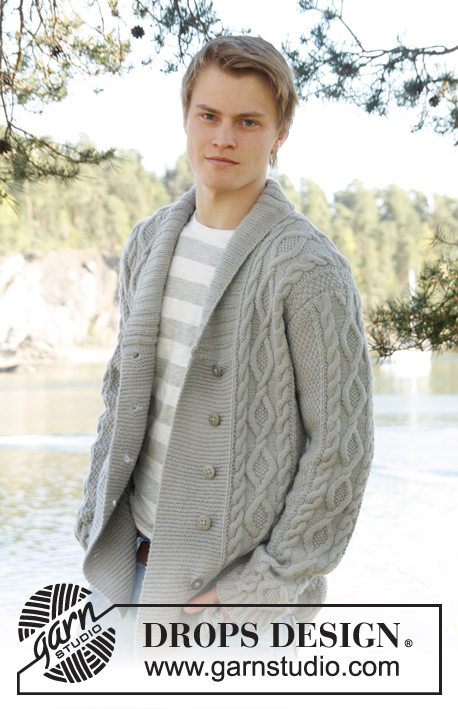 Gorgeous cable stitch men's cardigan with a shawl collar.