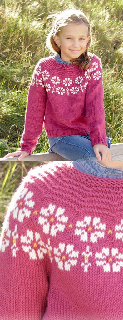 Free Knitting Pattern for Girls Flower Pullover