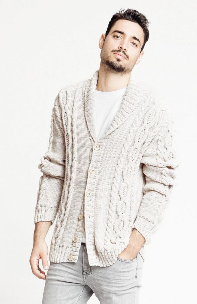 Free Knitting Pattern for a Cabled Man's Cardigan with a Shawl Collar.  Men's Shawl Collar Sweater Knitting Patterns