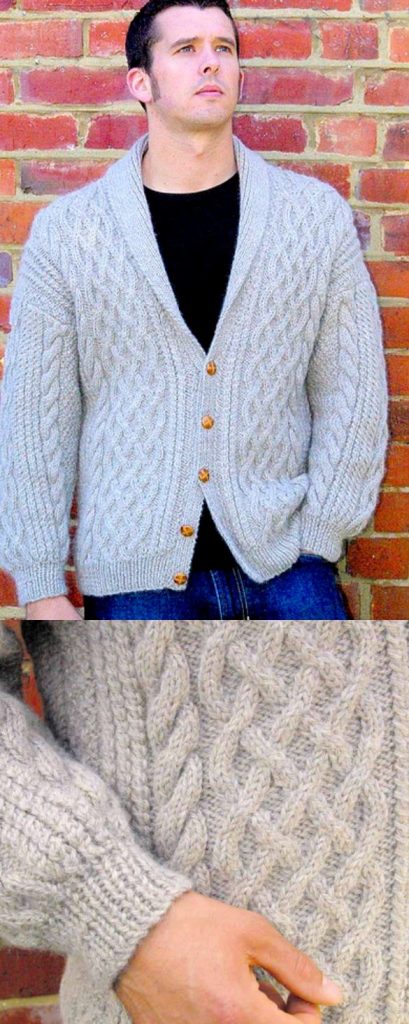 Free knitting pattern for a men's cable cardigan with a shawl collar