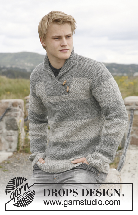 Men's knitted jumper with shawl collar, stripes and seed stitch.  Men's Shawl Collar Sweater Knitting Patterns