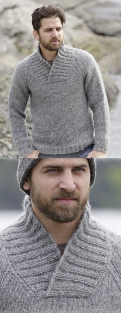 Men's knitted sweater, with raglan and shawl collar