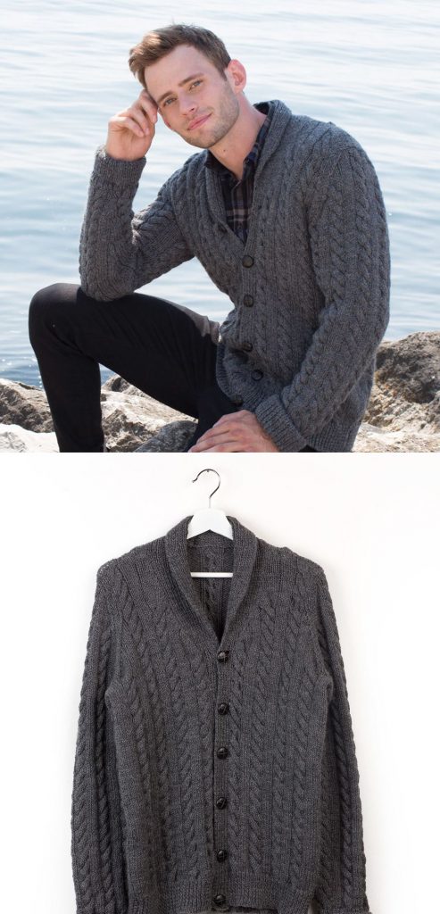 Men's shawl collar knitting pattern cardigan with cables