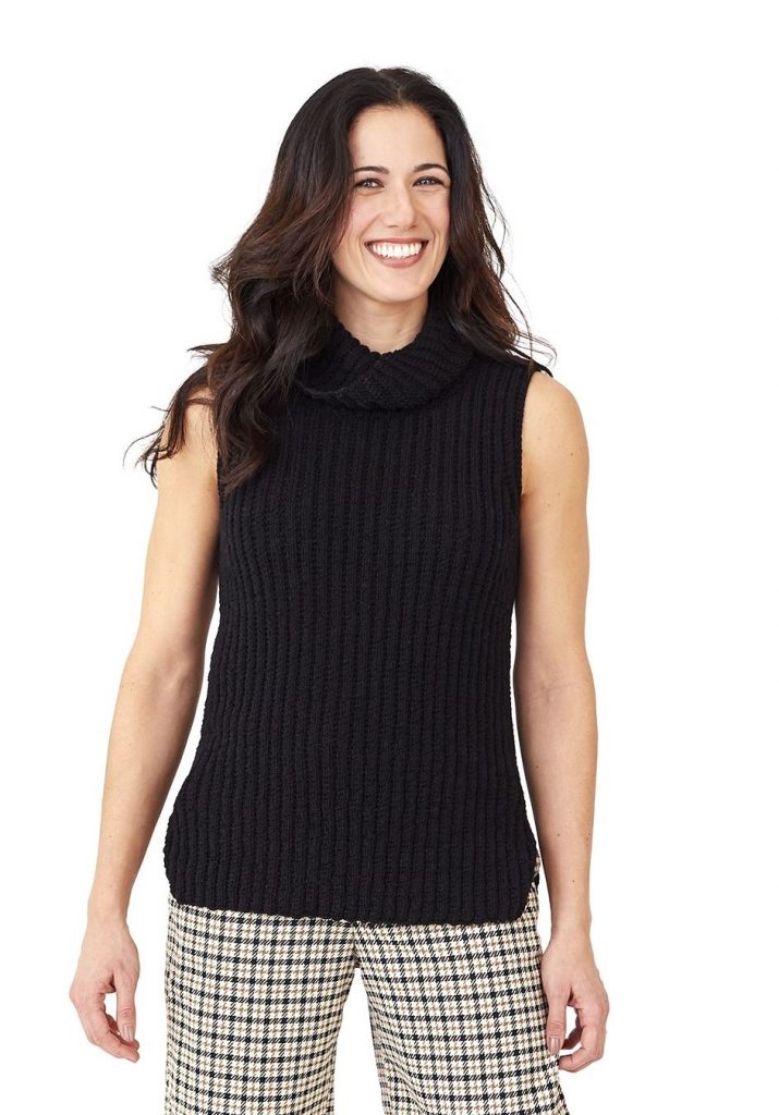 free knitting pattern for a womens vest in rib stitch with cowl collar