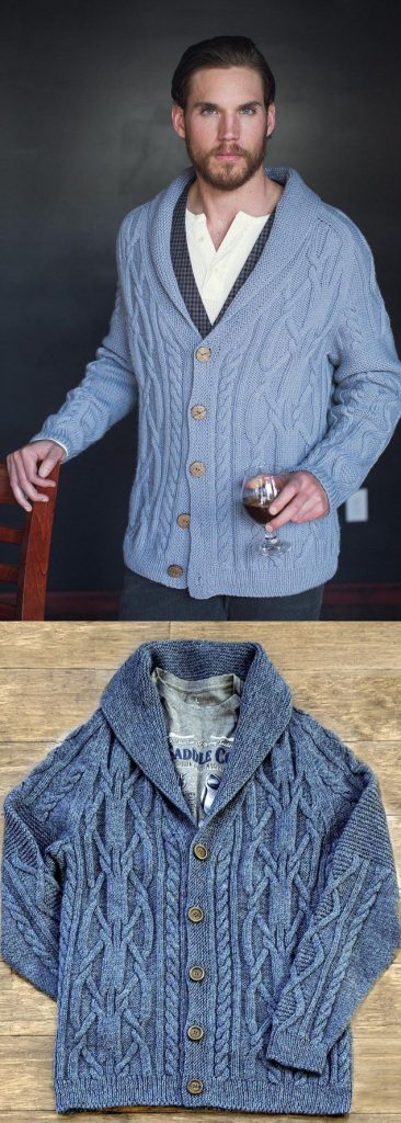 Knitting pattern for a men's shawl collar cardigan with cables