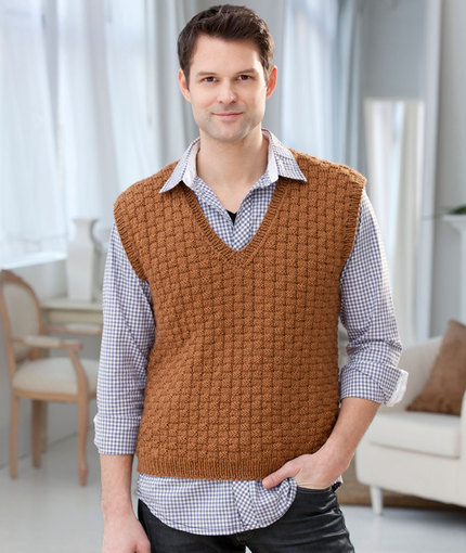 Free Knitting Pattern for a Men's Basketweave V Neck Vest