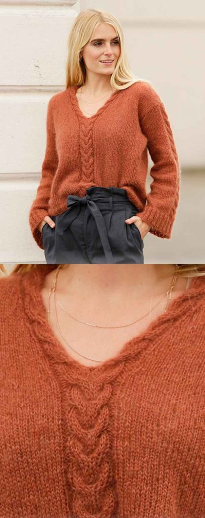 Free Knitting Pattern for a Sweater with Cable V-Neck