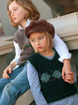 Free knitting pattern for a classic v-neck vest for kids ages 3 to 10 years old with argyle design