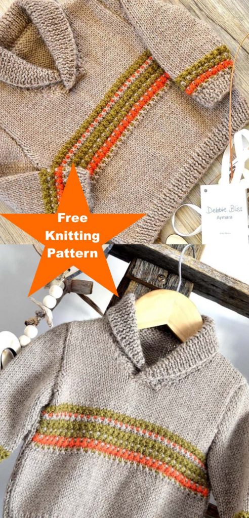 Free Knitting Pattern for a Rustic Sweater for Little Ones with a shawllcollar