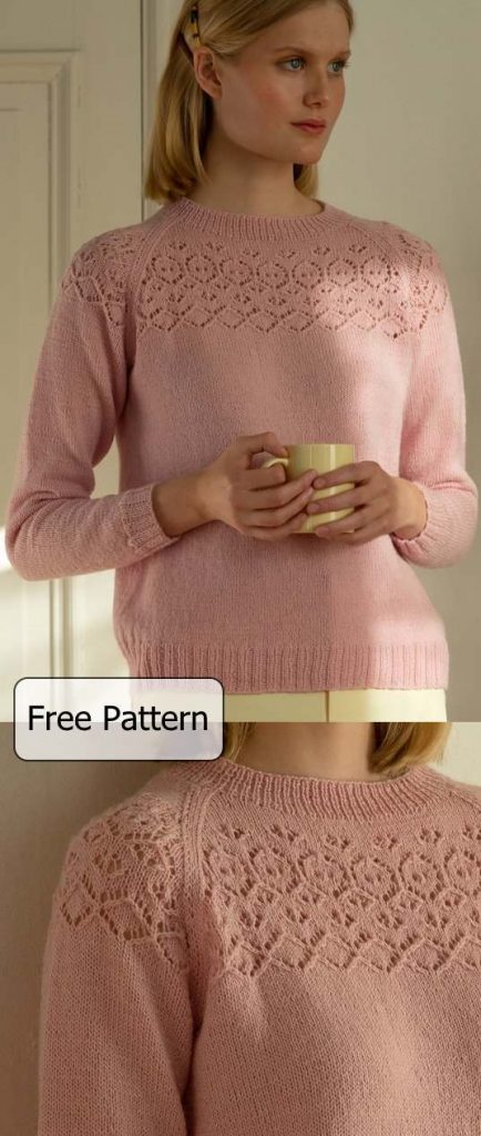 Free Knitting Pattern for a Women's Knitted Sweater With Lace Yoke