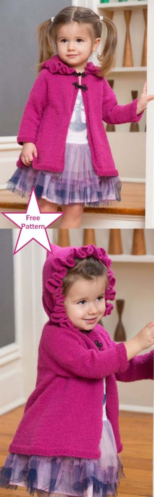 Free Knitting Pattern for a Girl's Ruffle Hood Coat