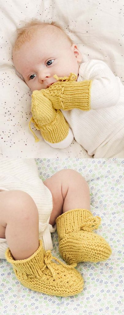 Free baby knitting pattern for mittens and booties set