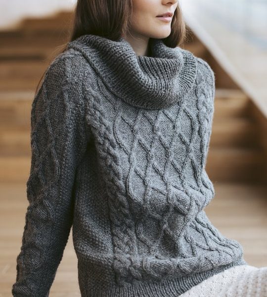 Free Knitting Pattern for a Cowl Neck Cabled Sweater