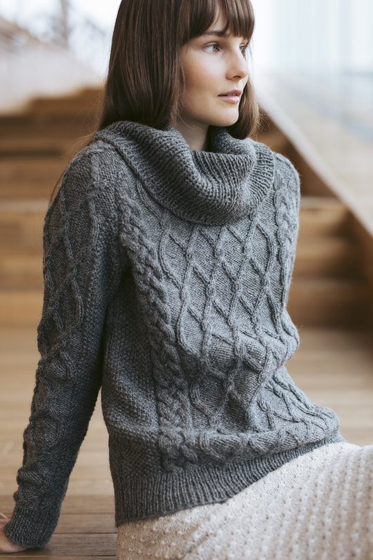 Free Knitting Pattern for a Cowl Neck Cabled Sweater