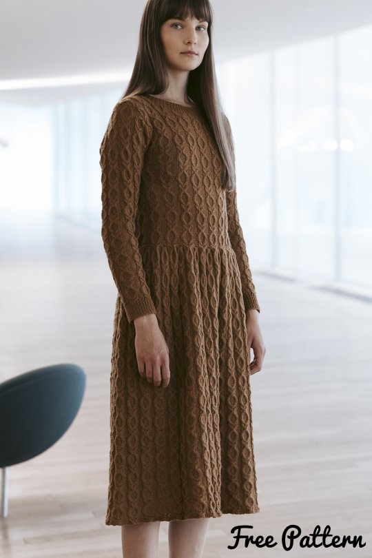 Free Knitting Pattern for a Long Sleeve Cabled Dress