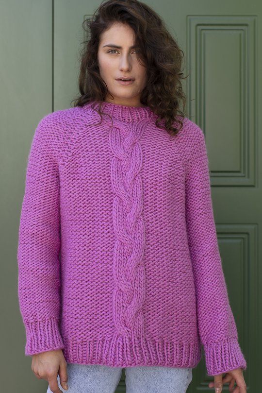 Free knitting pattern for a reverse stockinette stitch and cable sweater