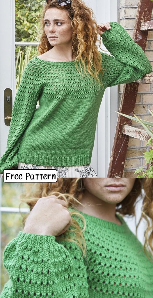 Free knitting pattern for an eyelet yoke and puff sleeves sweater