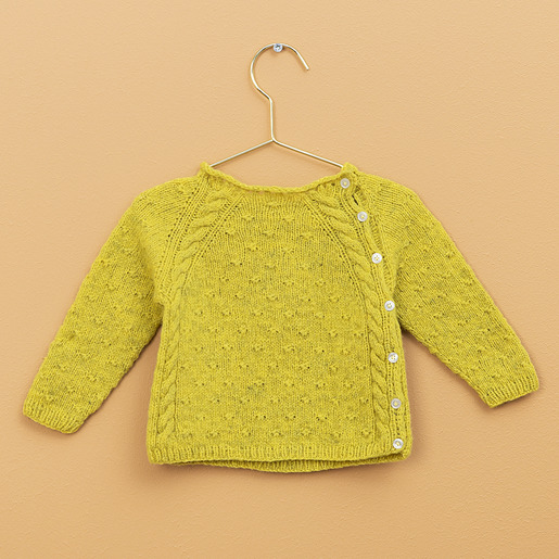 Free baby sweater knitting pattern with cable raglan and side button