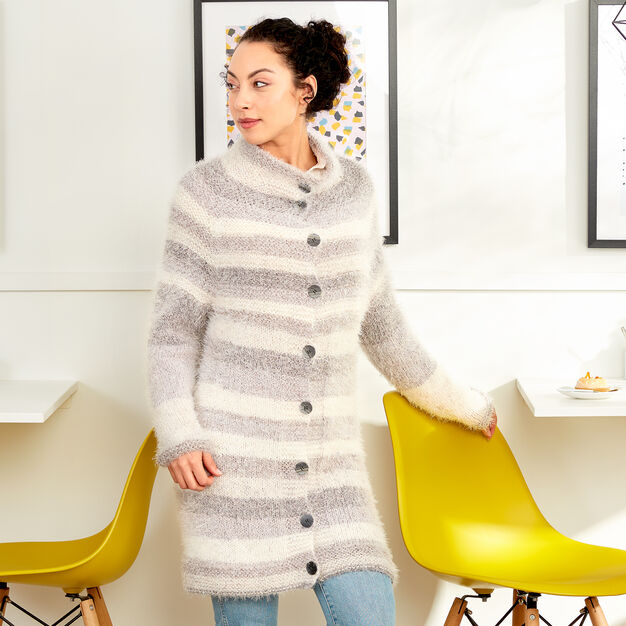 Free knitting pattern for a long coat with stripes