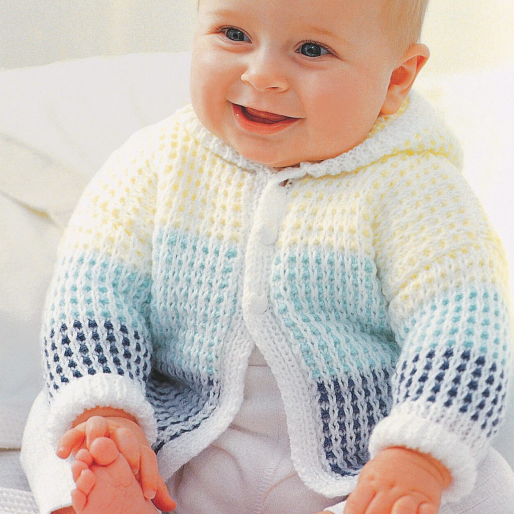 Patons hooded cardigan for ages 0 to 6 months free knitting pattern.