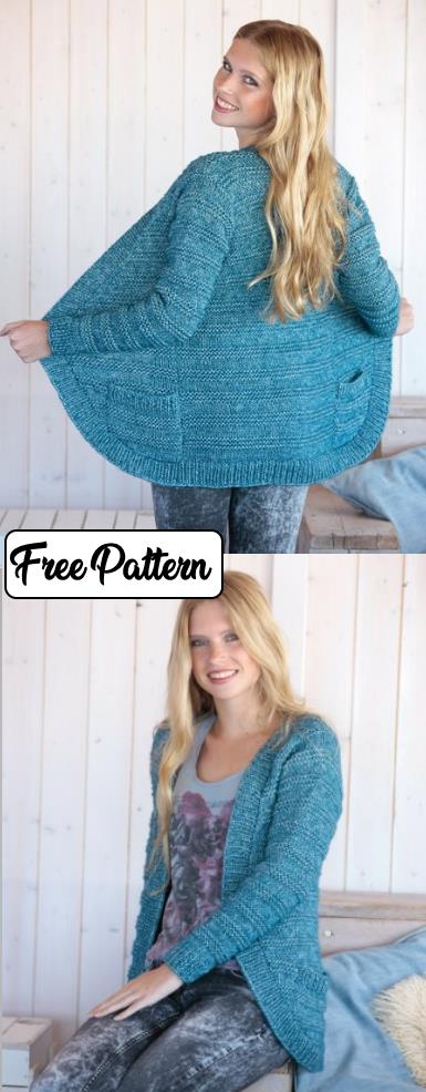 Free easy cardigan knitting pattern for women with rounded edges, a textured striped stitch and pockets.