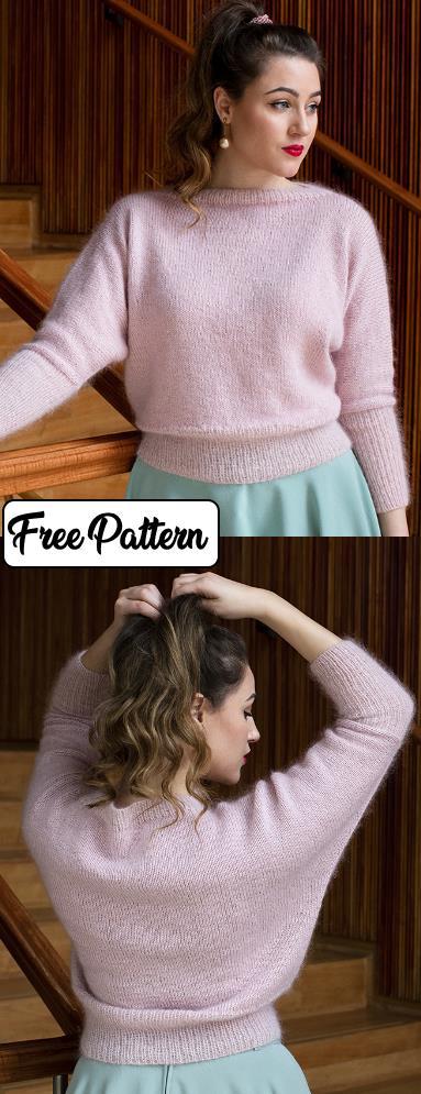 Free knit pattern for an easy retro sweater. Boat neck sweater in stockinette stitch with rib stitch edge and three quarter sleeves.