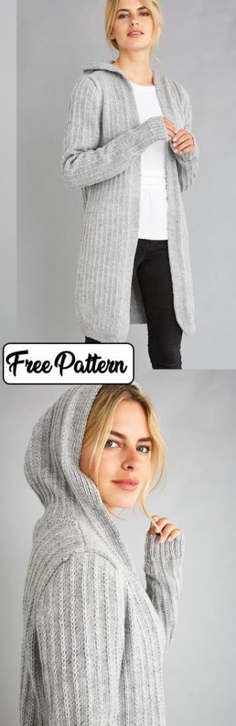 Free knitting pattern for a long hood cardigan