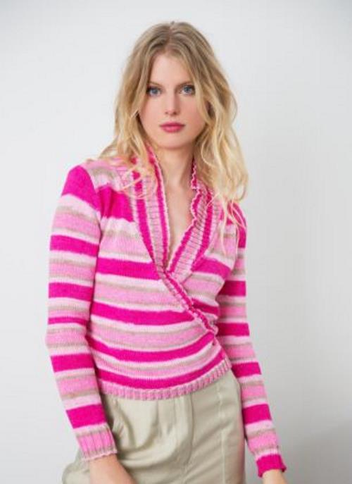 Free knitting pattern for a striped shawl collar cross over cardigan