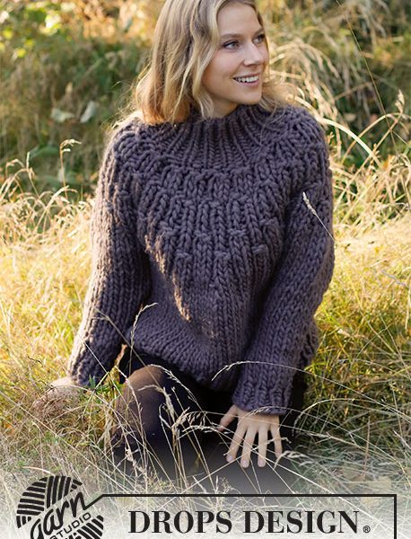 Free Knitting Pattern for a Knitted sweater with high collar and round yoke