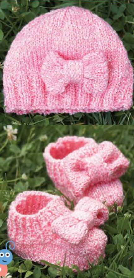 Free Baby Knitting Pattern for a Bow Hat and Botties Set