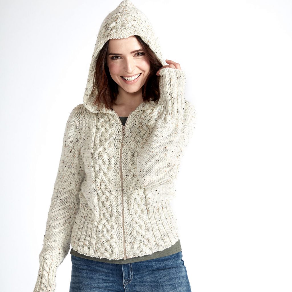 Free knitting pattern for a cable cardigan with a hood
