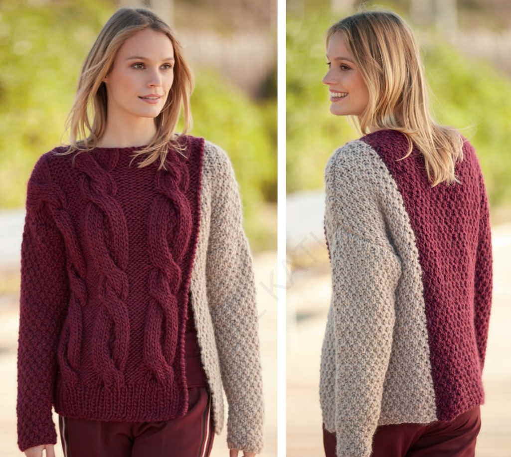 Two color textured sweater with large cable panels