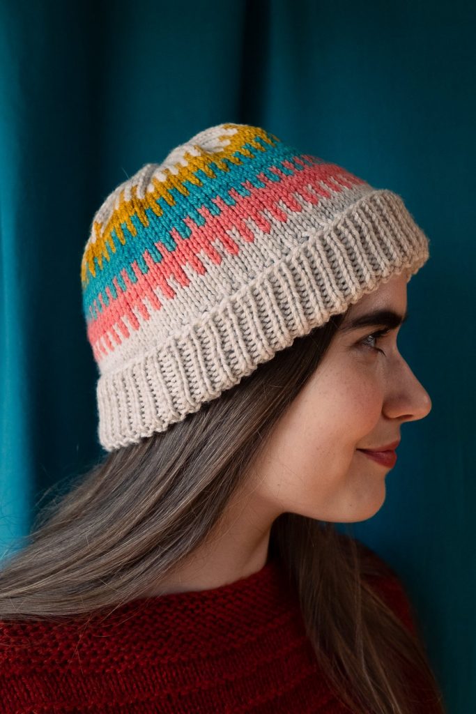 Work up a delightful colorwork beanie pattern for women in 3 colors