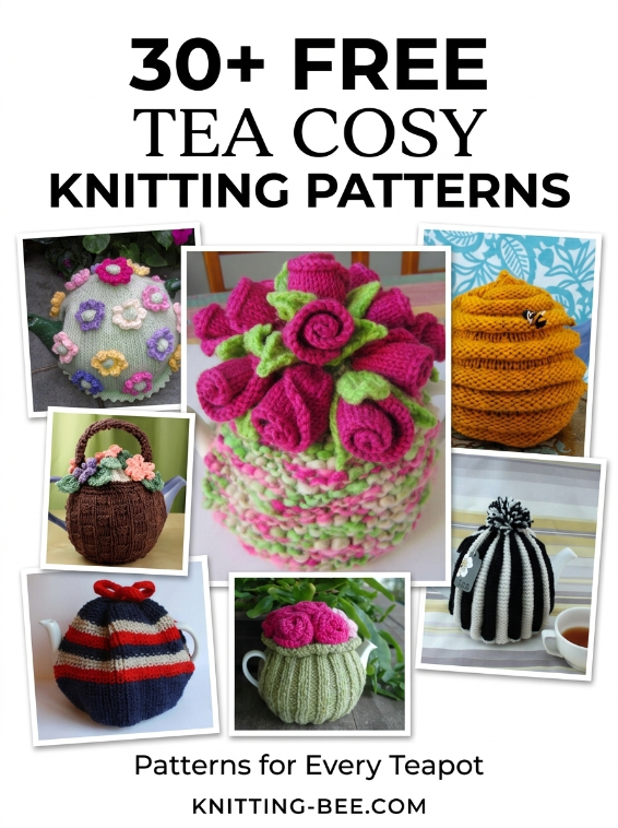 30+ free tea cosy knitting patterns for different teapot sizes, knitting techniques and styles