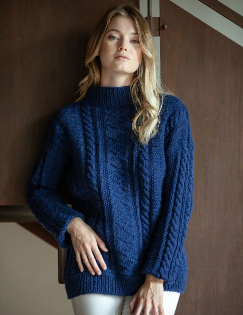 Free Knitting Pattern for a Long High Necked Cable Sweater