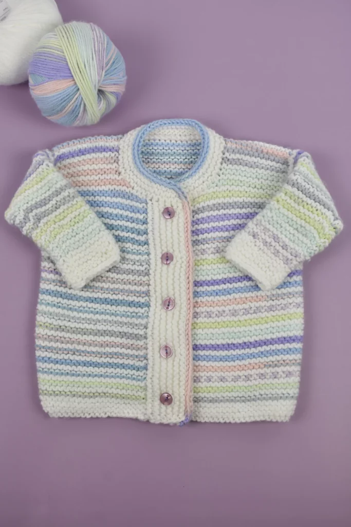 dense garter stitch striped cardigan with I-cord edging