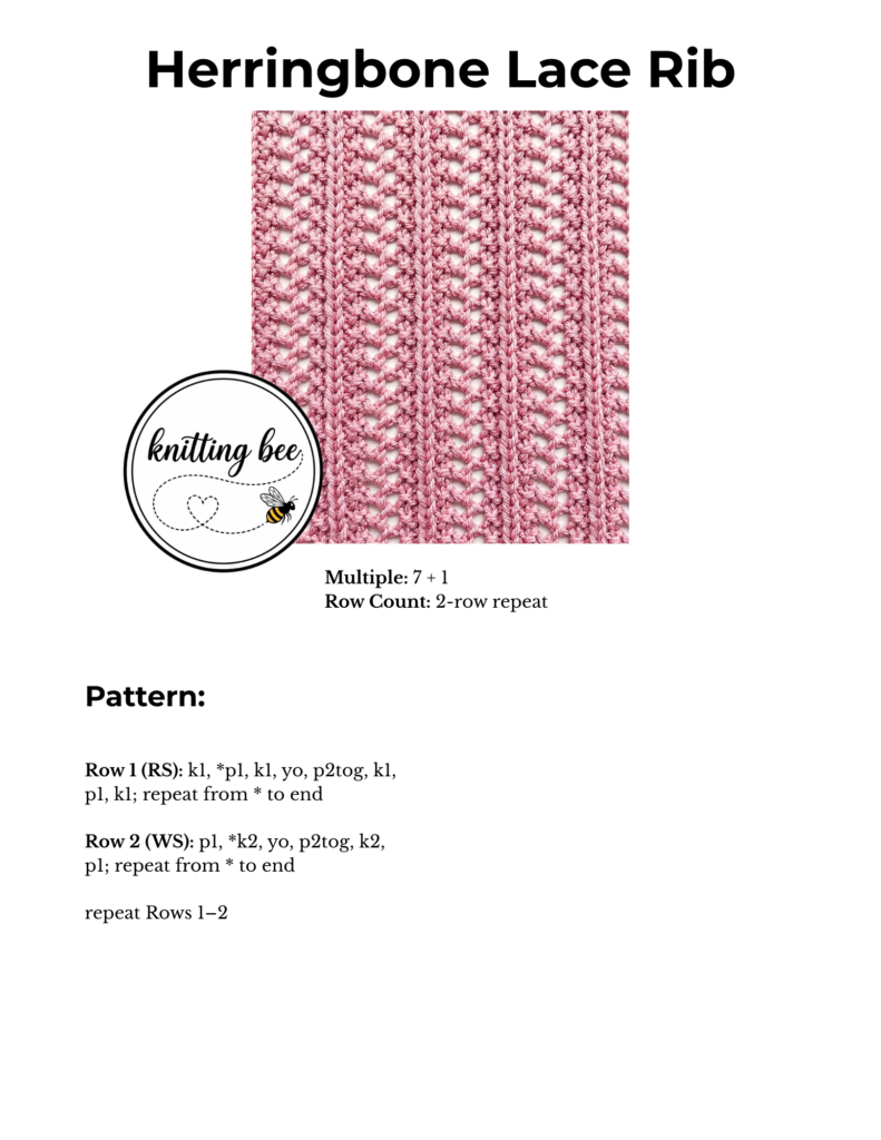 Herringbone Lace Rib Stitch Written Pattern Instructions FREE Download
